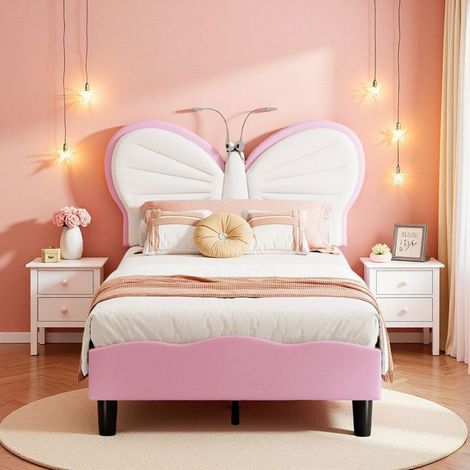 Letto Bambina 90x200 - Testata Farfalla Velluto - LED Integrati - Altezza Regolabile - Sicurezza EN71