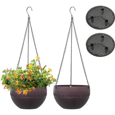 Lot de 2 pots de fleurs suspendus d'extérieur avec trou de drainage, arrosage automatique et chaînes antirouille, couleur café, 21 cm. (1/4)