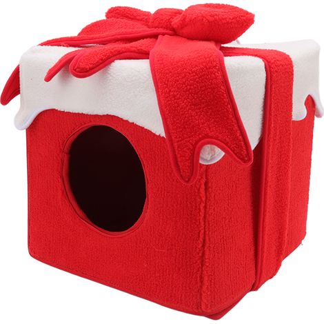 Lit de Noël pour chat, style boîte en tissu doux et confortable, sans peluche, couleurs vives, tente de Noël rouge pour chat et animal de compagnie
