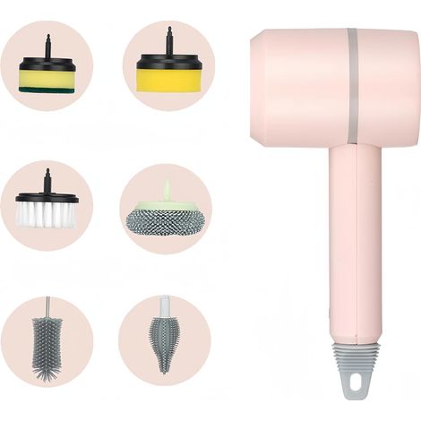 Brosse de nettoyage électrique rotative multifonctionnelle sans fil à 360° avec 6 têtes de brosse interchangeables, pour cuisine, salle de bain, douche, baignoire, vitres et voiture. (1/5)