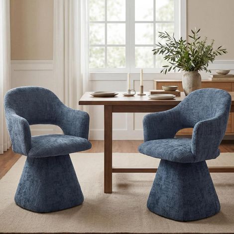 Lot de 2 chaises de salle à manger pivotantes avec accoudoirs, chaise rembourrée en chenille bleue (1/5)