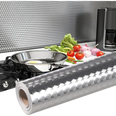 4 rouleau de Autocollant Cuisine en Aluminium Autoadhésif, Imperméable et Anti-Huile, 40cm x 3m, Protection Murale et Plaque de Cuisson, Facile à Nettoyer (1/5)