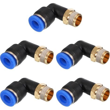 1/8" Raccord à pousser, 5 Pack PT Mâle Filetage 90 Degrés Connecter 6mm Coude de Tubage et Combinaison Droite Raccord de Tube d'Air Adaptateur Rapide Pneumatique, Bleu (1/5)