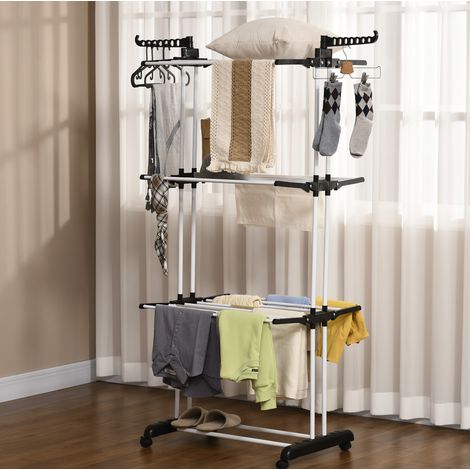 Tendedero torre con ruedas, 4 niveles, plegable, negro 73 x 45,5 x 177 cm HAVRYA (1/5)