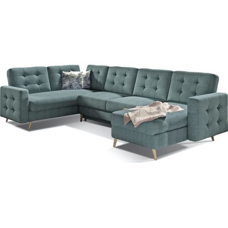 Canapé panoramique convertible ANSKA en tissu - Pieds bois naturel-Vert clair (1/5)