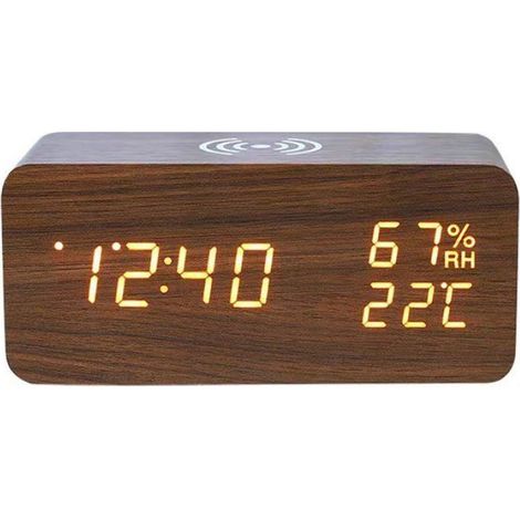 Réveil numérique en bois - Radio-réveil - Réveil - Bois - Chargement sans fil - Station météo intérieure (1/3)