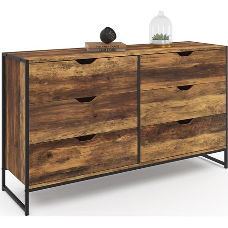 Idmarket – Commode enfant 6 tiroirs 140 cm – Bois effet vieilli et métal noir – Dimensions tiroirs L. 61.5 x l. 28.5 x H. 10 cm – Style industriel (1/5)