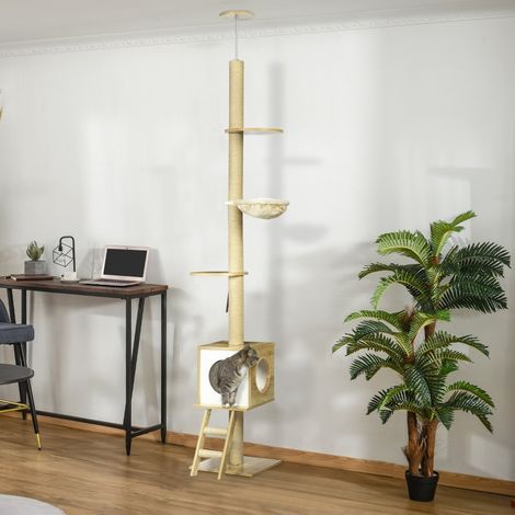 Arbre à chat,hauteur plafond,niche à chats,deux plateformes,hamac,protection contre l’inclinaison,brun clair + beige,40 x 40 x 260 cm (1/5)