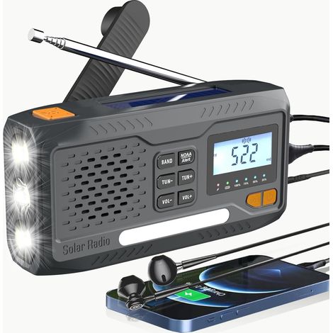 Rádio meteorológico de emergência, carregador de celular e lanterna adequado para uso ao ar livre/situações de sobrevivência. (1/5)