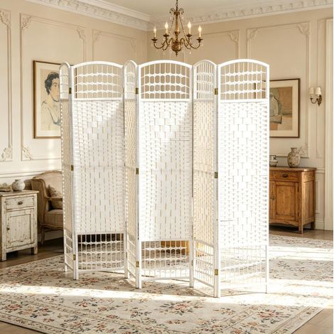 Biombo plegable de 6 paneles 242x40x170 cm de madera blanca para salón FLORAGRACE (1/5)
