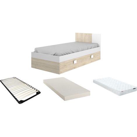 Letto singolo 2 x 90 x 190 cm con letto estraibile + materasso + rete - colore: Naturale e Bianco - SONIA