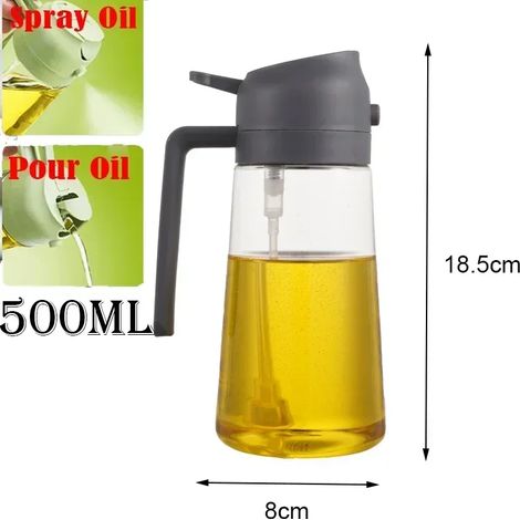 (2 utilisations, gris, 500 ml) Flacon pulvérisateur d'huile 2 en 1 de 500 ml en plastique, distributeur d'huile, burette à huile, outil de cuisine pour barbecue, pâtisserie, rôtissage et pique-nique (1/5)
