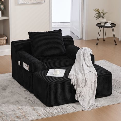Sillón relax 147x110x67 cm negro en pana acanalada con reposapiés y bolsillos laterales (1/5)