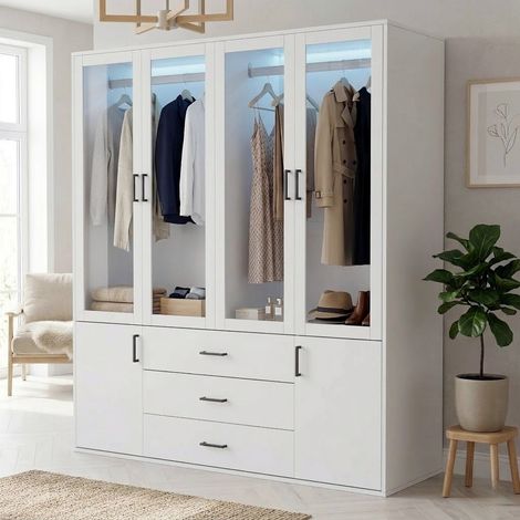 Armoire de Chambre Blanche avec Penderie et 3 Tiroirs, Garde-Robe Dressing 4 Portes Vitrées et 2 Portes, Grand Rangement Moderne, 160x182x52 cm