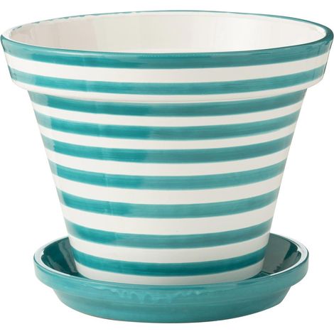 Pot Avec Soucoupe en Céramique "Granada Rayure" 50cm Bleu Aqua