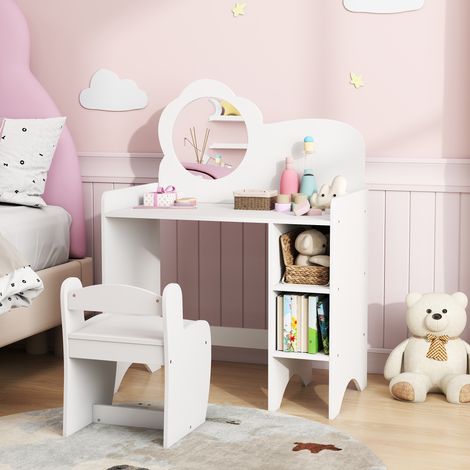 Tocador de Maquillaje Niña 2 en 1 Escritorio con Taburete Espejo Estantes Abiertos para Niños +3 Años Blanco (1/5)