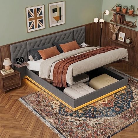 Lit Coffre 160x200 Double Adulte avec LED RGB, Tables de Chevet Intégrées, Chargement Sans Fil et USB Type-C, Tête de Lit Capitonnée en Tissu Lin - Gris (1/5)