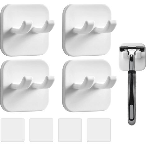 Porte-rasoirs de douche en 4 pièces, crochets auto-adhésifs, étanches au mur, modèle 2025, crochets pour éponges de douche détachables et réutilisables (blanc)