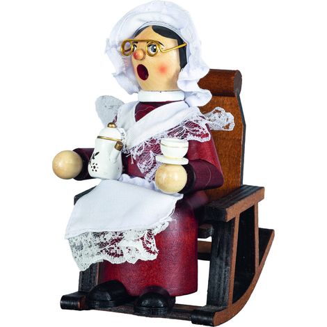 Saico Räucherfigur Oma im Schaukelstuhl Holz 16 cm weiß/rot
