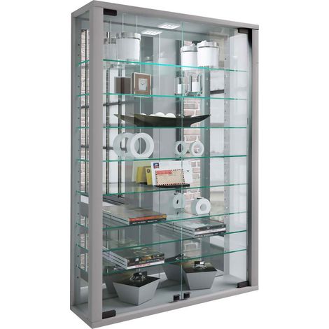 VitrosaMini Vitrinenschrank wandhängend mit Spiegel 2 Glastüren Inkl. LED-Leuchten silberfarben.