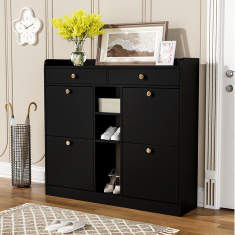 Zapatero de aglomerado negro 110 x 26 x 100 cm con 4 puertas abatibles, 2 cajones y 3 huecos abiertos (1/5)