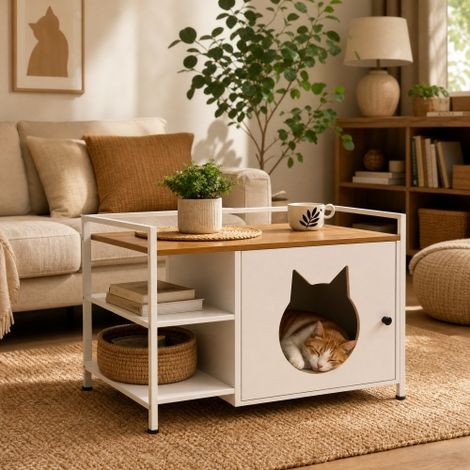 Mobiletto multifunzionale per lettiera per gatti con foro per la testa del gatto, tavolino laterale con 2 ripiani e vano portaoggetti, mobile moderno per gatti per soggiorno e camera da letto (bianco (1/5)