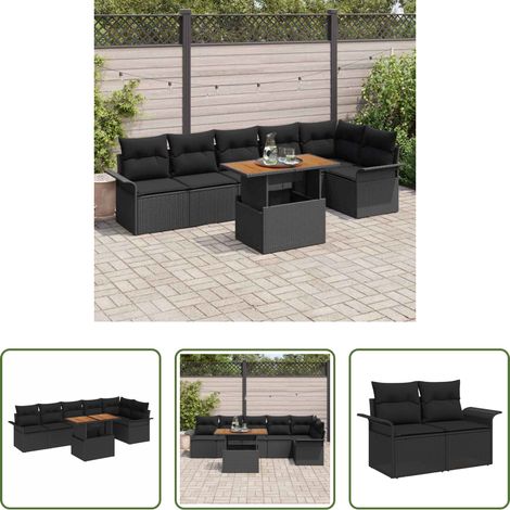 Gartentisch - Gartensofa-set mit Kissen 7 pcs Schwarz Poly-Rattan (1/5)