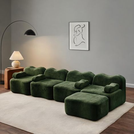 Canapé modulable en L 4 places vert velours avec pouf en velours (1/5)