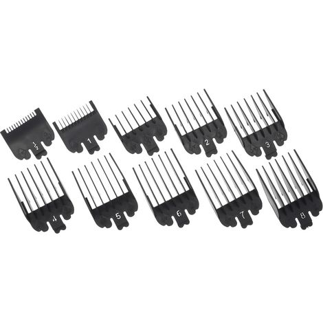 Kit de 8 ou 10 sabots de tondeuse à cheveux noirs, comprenant des guides, des protections en plastique et des accessoires. (1/2)