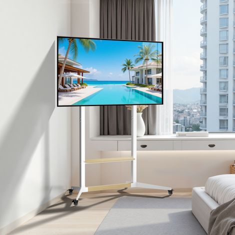 Heavy Duty Mobile TV Stand for 32"-100" with Wood Media Shelf Max VESA 800x600mm