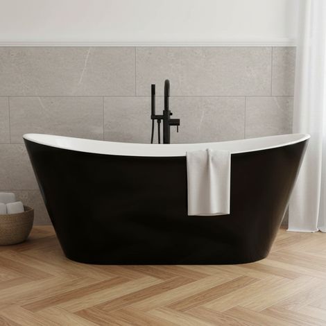 Voda Design Loco 1500mm Freestanding Bath - Black White Waste Slim Overflow