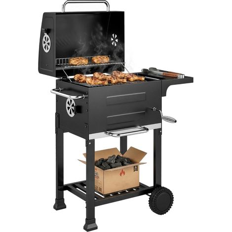 Barbecue à charbon portable avec grille en acier inoxydable, tablette latérale, thermomètre, bac de récupération et roulettes - Noir