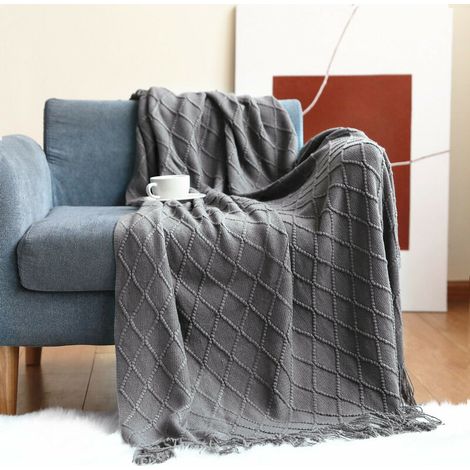Textured Solid Soft Sofa Throw Couch Cover Knitted Decorative Blanket, Smoky gray, 130200+15CM (1/5)