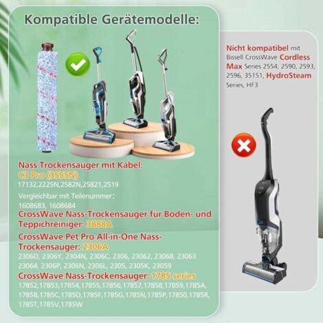 NALOOKAMIC Accessoires Bissell CrossWave 3 en 1 C3 Pro 3555N pour aspirateur sec et humide, 2 brosses multi-surfaces 1868 + 2 filtres 1866