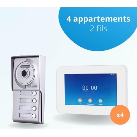 Portier interphone vidéo NEO 2 Fils - 4 appartements - 4 écrans tactiles connectés 7" blanc