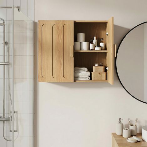 Pensile bagno con doppia anta, ripiani regolabili, mobile sospeso multifunzione per bagno, lavanderia, cucina e soggiorno, finitura rovere