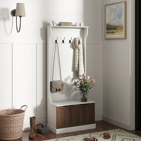 Porte-manteau 3 en 1 avec 4 crochets et banc de rangement. En bois. 71,5 x 39,5 x 170 cm. Blanc