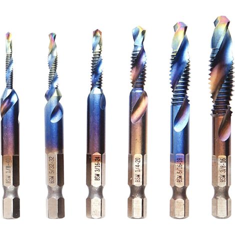 6pcs ensemble de forage de taraud, multifonctionnel 1/4 tige hexagonale métrique filetage à la main taraud conique peu ébavurer fraise M3-M10 pour bois plastique aluminium cuivre