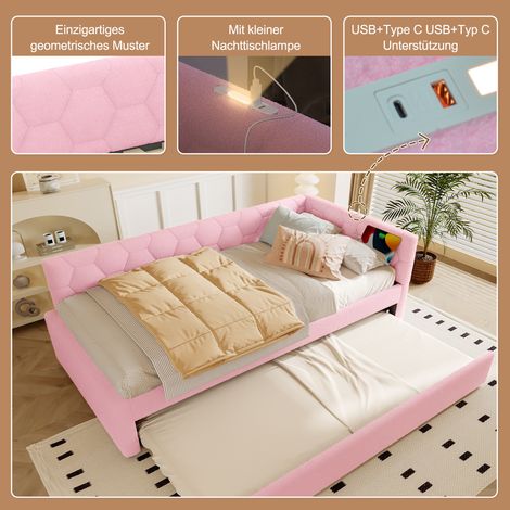 Lit de jour 90×200cm rose faux polaire,base lattes sans matelas,lampe chevet,lit extensible,USB/Type-C,matériau doux