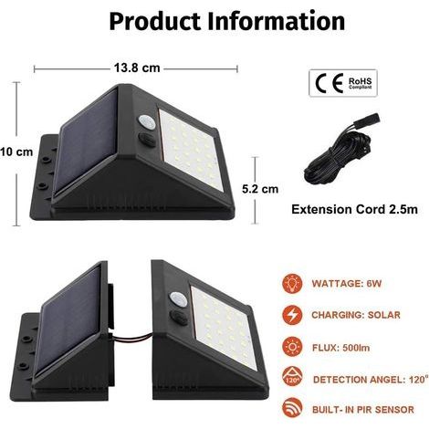 6W 30 LED Solar-Wandleuchte, abnehmbar, kabellos, wasserdichtes Außenpanel mit PIR-Bewegungsmelder, 500lm + 3 Beleuchtungsmodi für Gartenhaus, Garage, Keller (2er-Pack) (1/4)