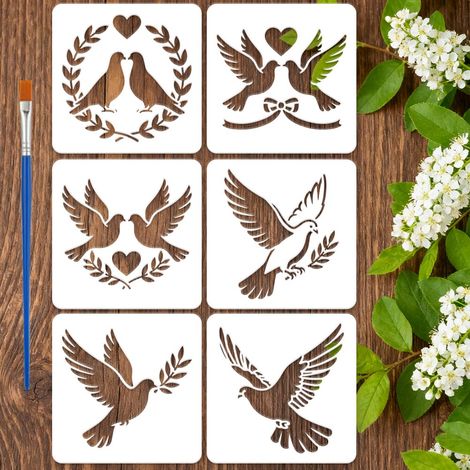 6Styles Pochoirs Silhouette Pigeon Avec Un Pinceau 15x15cm Réutilisable Colombe Peinture Pochoirs Pet Plastique Thèmes Animal Modèle pour Peinture sur Bois Carrelage Mur Tissu (1/5)