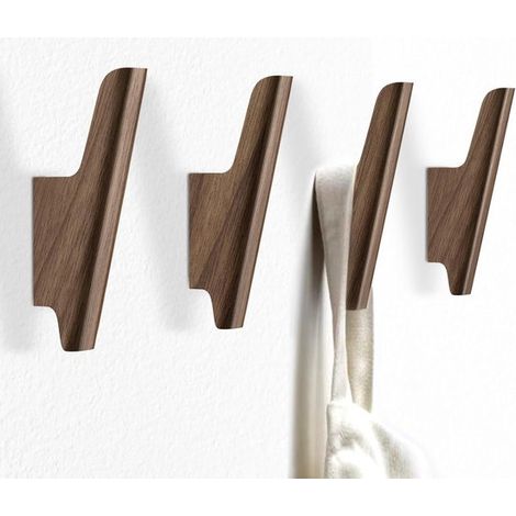 Juego de 4 ganchos de pared de madera de nogal natural para colgar sombreros, mochilas, bolsos y toallas. Resistentes, de color marrón. (1/5)