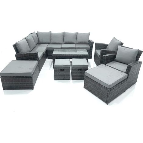 Fimous 12 Seat Rattan Garden Furniture Corner Sofa Set Outdoor Patio Sofa Chair Table Set with 2 Small Footstools 2 Big Footstools Dark Grey Mixed (1/5)