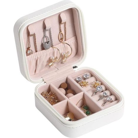 Boîte à bijoux de voyage, petite boîte à bijoux, boîte de rangement de voyage portable pour bagues, boucles d'oreilles, colliers, bracelets, cadeaux pour dames et filles, blanc (1/2)