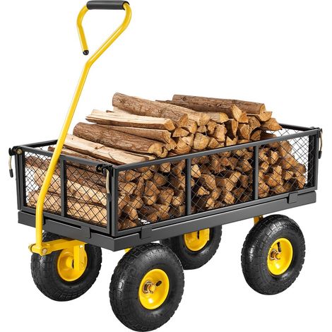 Chariot de Jardin Transport, Charge 226,80 kg, Chariot Utilitaire Robuste Tractable Extérieur en Métal avec Pneus 254 mm, Côtés Amovibles en Maille Réglables, Poignée Rotative 180°, Jaune Noir (1/5)