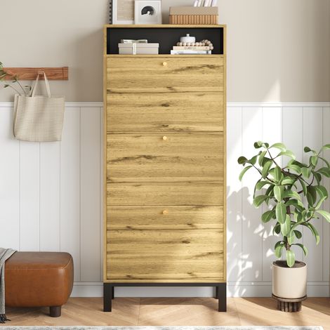 Scarpiera stretta da ingresso 63 x 24 x 147 cm - con 3 ribalte e ripiani aperti - stile scandinavo - naturale