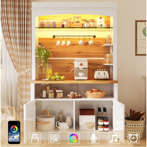 Armario alto blanco con iluminación LED, estante de vidrio y colgador, 184 cm, OKWISH (1/5)