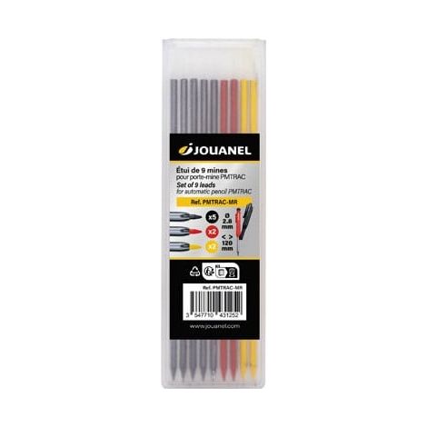 JOUANEL - Etui de 9 mines de rechange pour porte-mine (5 graphites, 2 rouges et 2 jaunes) - PMTRAC-MR (1/3)