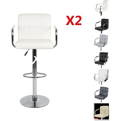 Lot de 2 Tabourets de bar chaise de bar PU chrome hauteur réglable grande base Φ38cm avec accoudoirs blanc (1/5)