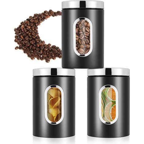 Stainless Steel Airtight Coffee Jar, Set of 3 Airtight Food Jars with Window, Kitchen Storage Container (1/5)